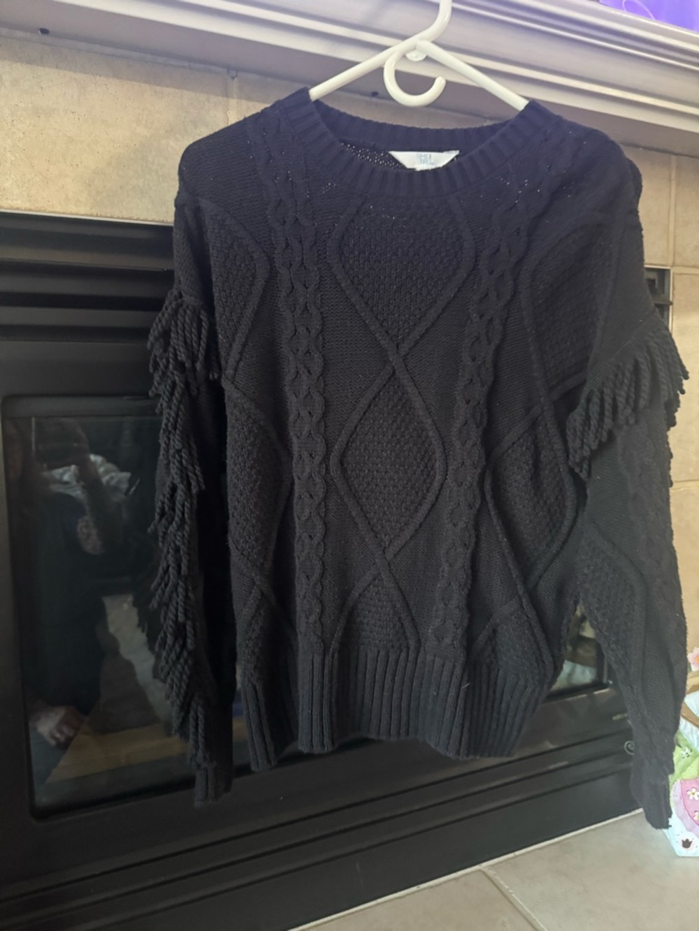 Time and Tru Black Cable-Knit Fringe Sleeve Sweater